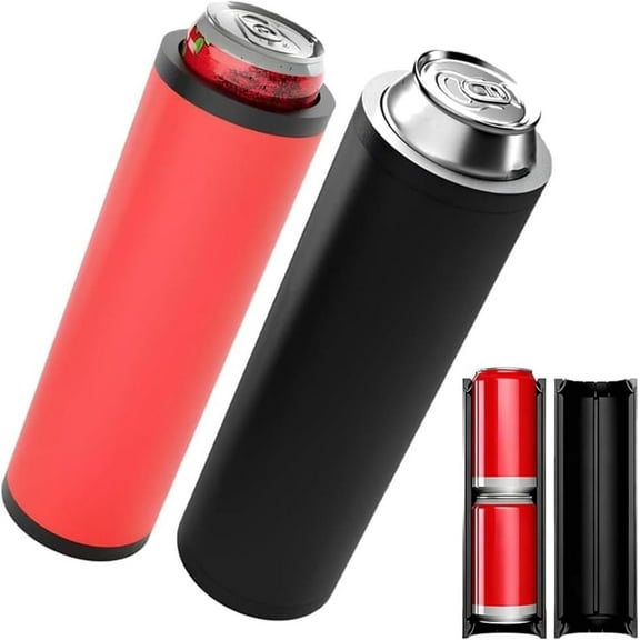 Double Tactical Reload Can Holder - Ultra Chill System, Tactical Insulation Can Sleeves Slim Can Cooler Fits Two 12oz Beverage Cans, Easy to Hold, Suitable for Beer and Soda (black red)