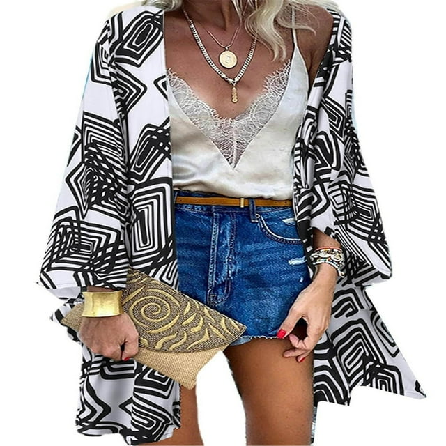 CHOK Blouse à Manches Longues Imprimée Boho Grande Taille pour Femmes, Kimono Cardigan Décontracté d'Été