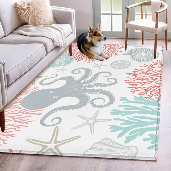 Teal Red Octopus Coastal Area Rug 3x5 Washable Rug Non Slip Nautical Coral Starfish Large Area Rug Indoor Floor Carpet for Entryway Bedroom Kitchen Living Room Home Office Dining Room Nursery