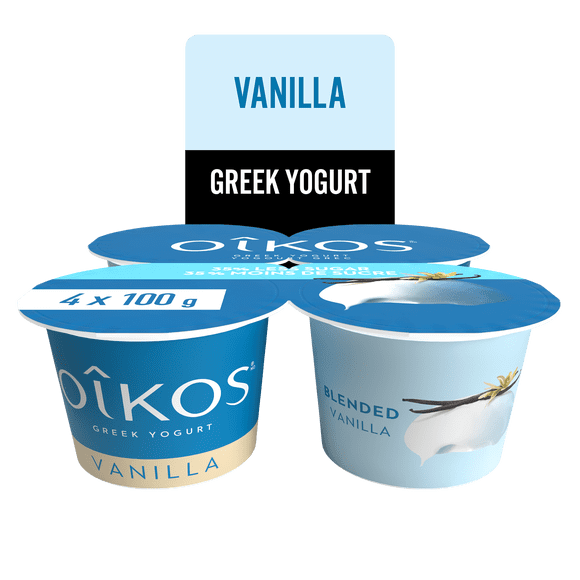 Oikos Yogourt Grec, Vanille, Brassé, 30 % Moins de Sucre, 4x100g