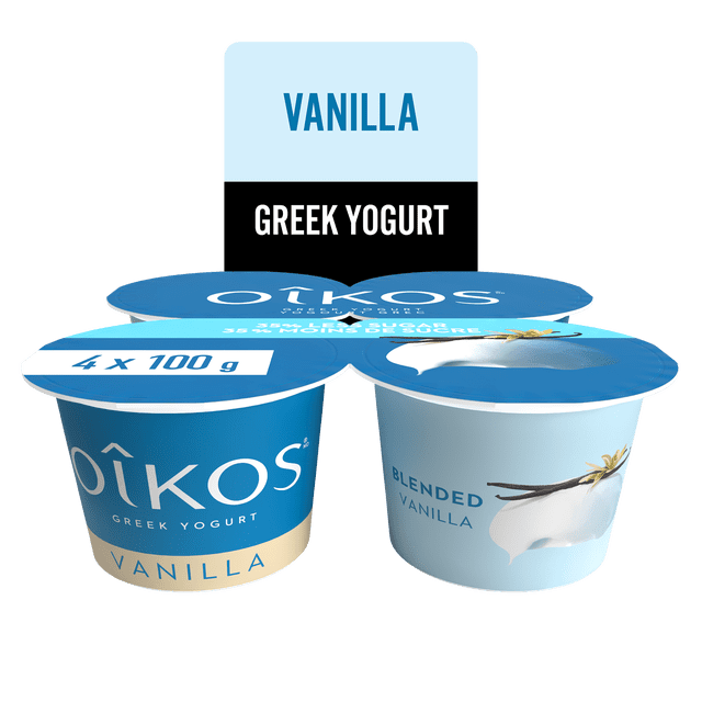 Oikos Greek Yogurt, Vanilla, Blended, 35% Less Sugar, 4x100g