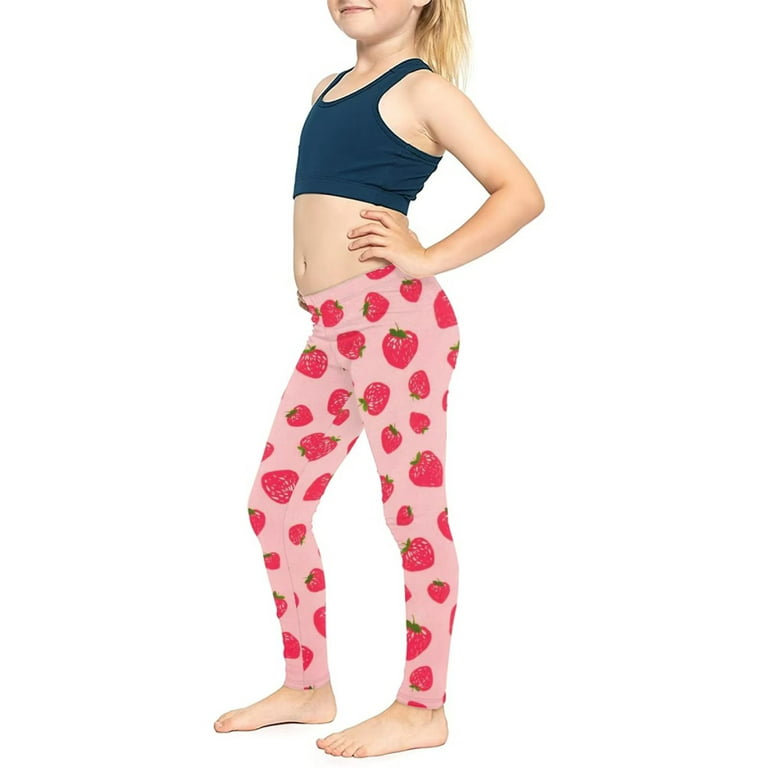FKELYI Girls Leggings with Strawberry Size 10-11 Years Comfortable Playing  Kids Tights Pink Stretchy School Yoga Pants High Waisted Yummy Control