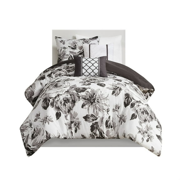 Ergode Floral Print Comforter Set - Elegant Black and White Design - Ultra-Soft Microfiber - Includes Shams and Decorative Pillows - Machine Washable - Ant