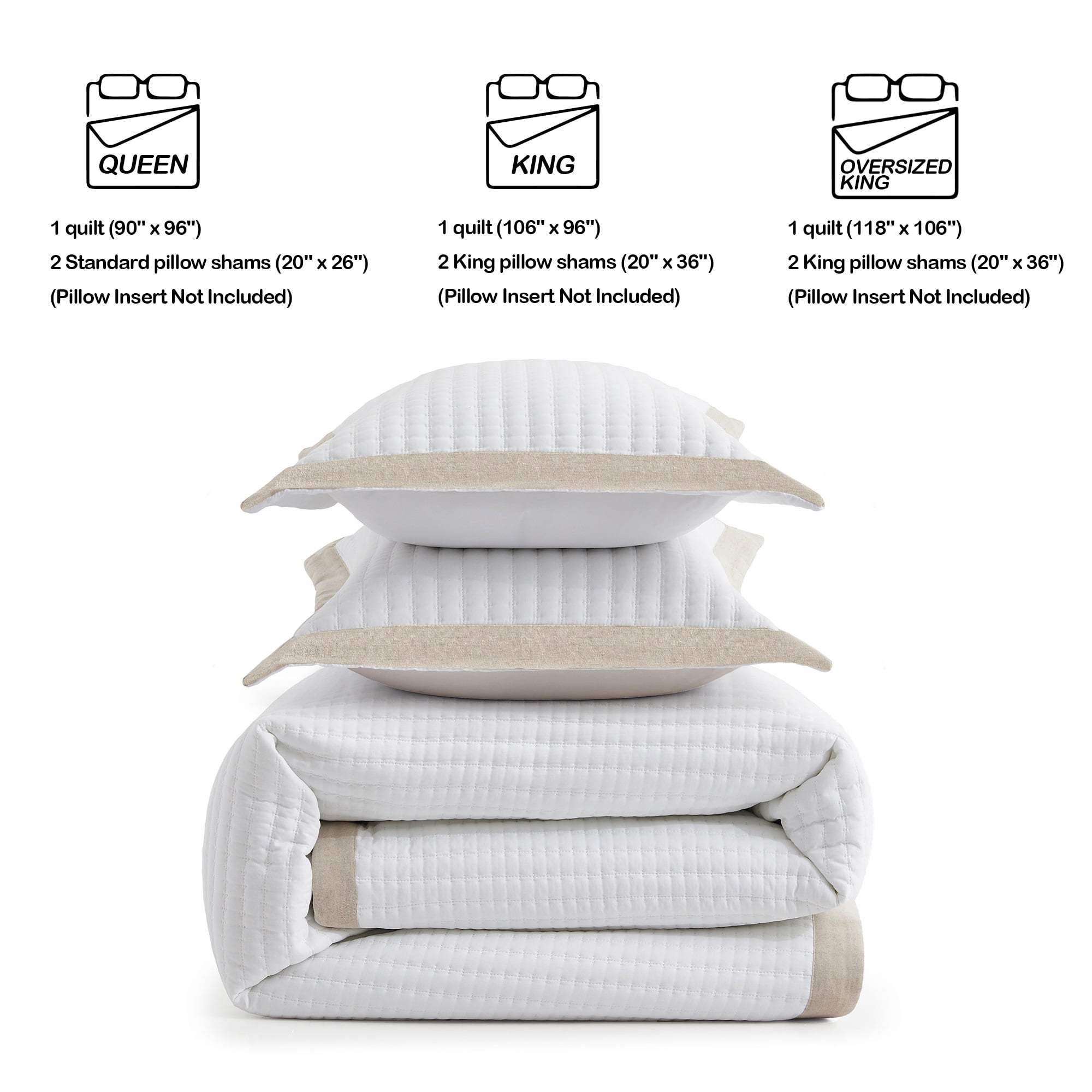 Bed Quilt Set White King - Farmhouse Soft Striped Stitch Bedding Bedspread Coverlet Summer Lightweight Bed Sets 1 Quilt with 2 Pillow Shams for Home All Season (King, White with Linen Border)