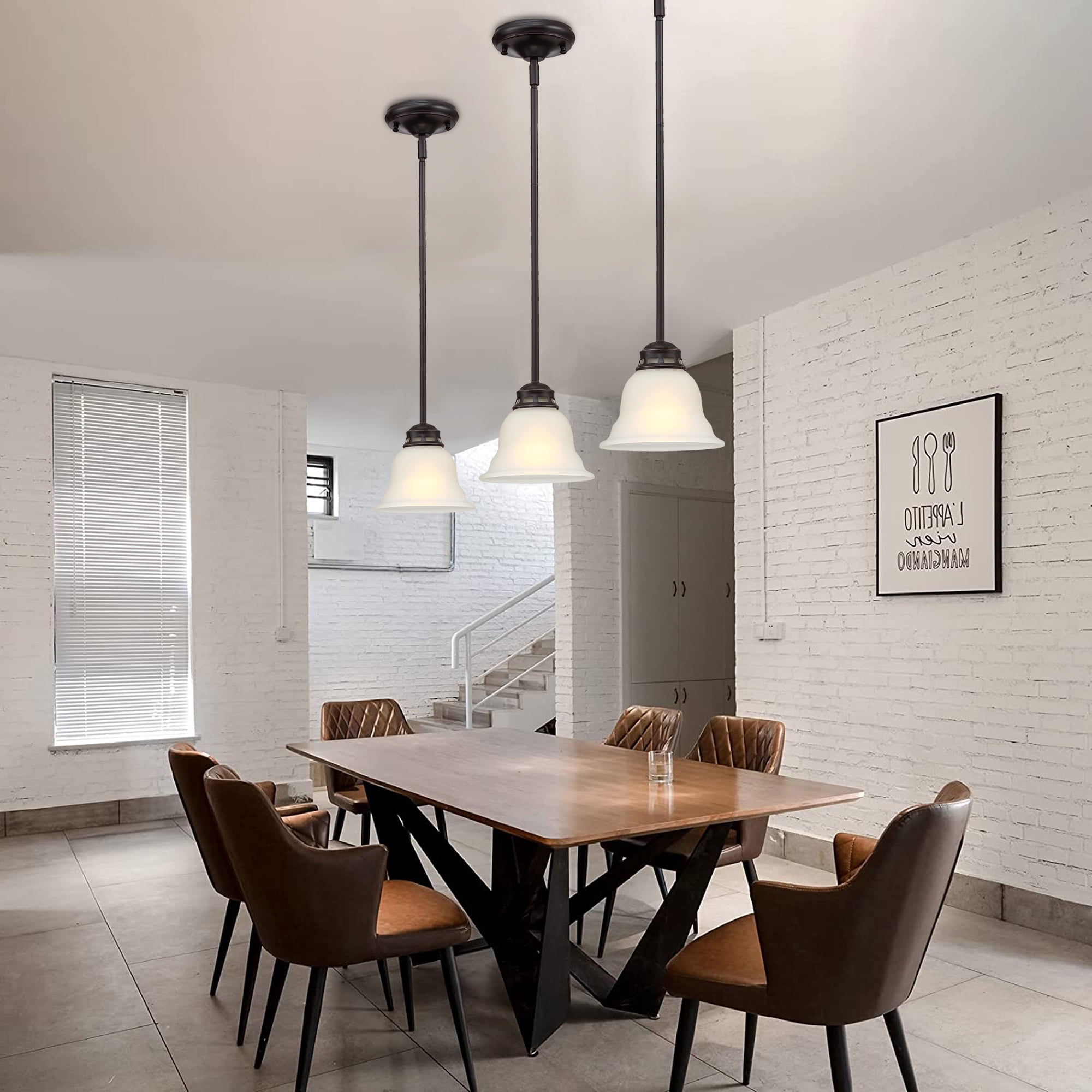 Dark Bronze Mini Pendant Lighting Vintage Ceiling Mount Hanging Light Fixture for Kitchen, Living Room, Dining Table, Barswith Glass Bugle Shade