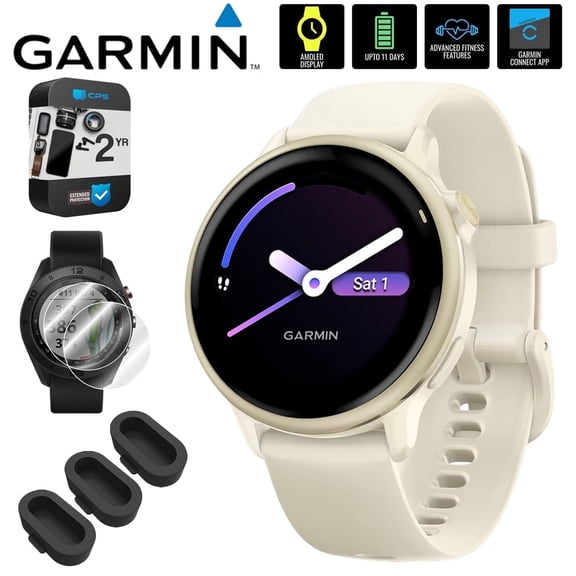 Garmin 010-02985-01 VIVOACTIVE 6 Health & Fitness GPS Smartwatch, Bone with Silicone Band Bundle with 2 Year Extended Warranty, Deco Essentials Silicone Dust Covers & 2-Pack Screen Protector