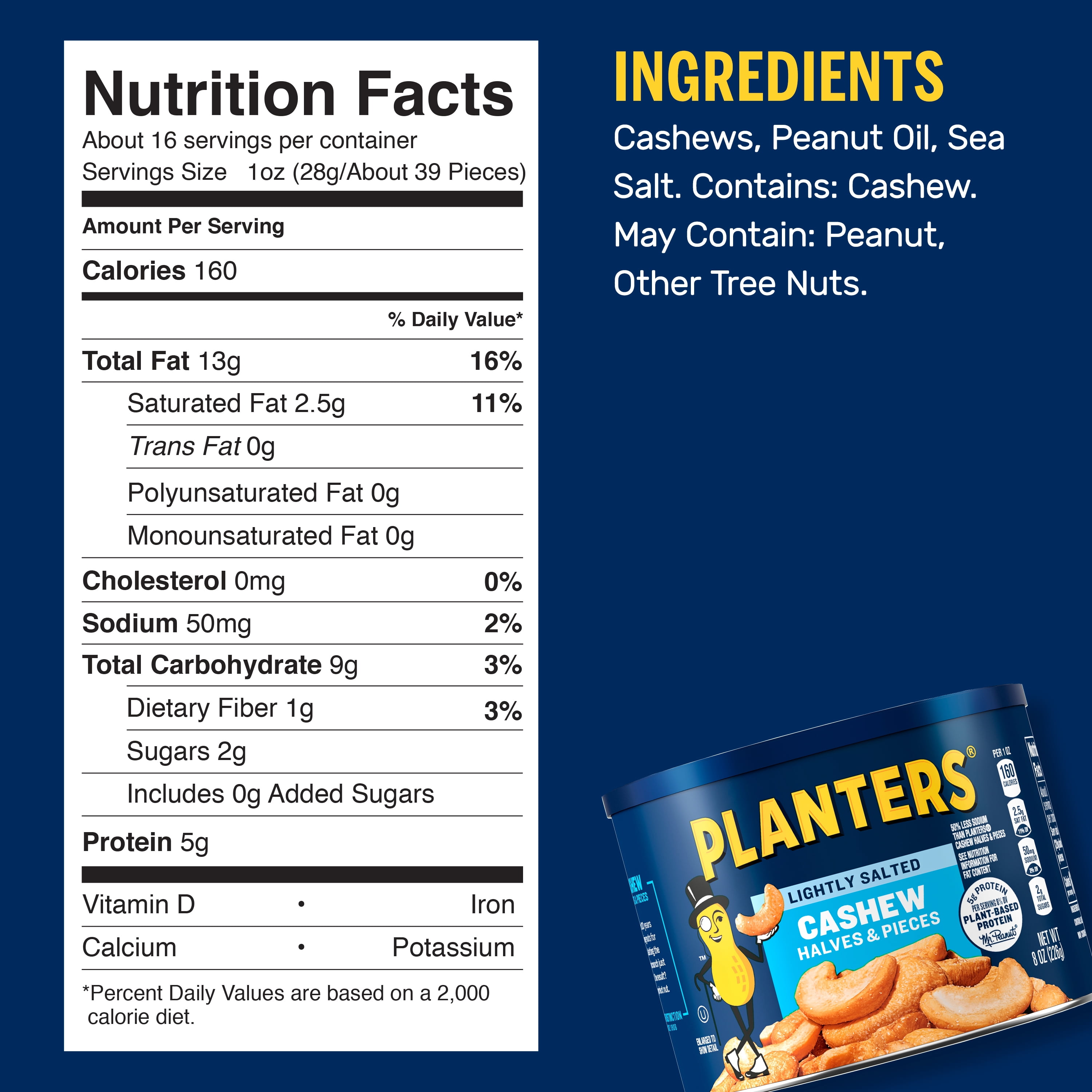 (12 pack) PLANTERS Lightly Salted Cashew Halves and Pieces, Party Snacks, Plant-Based Protein, 8 oz Canister