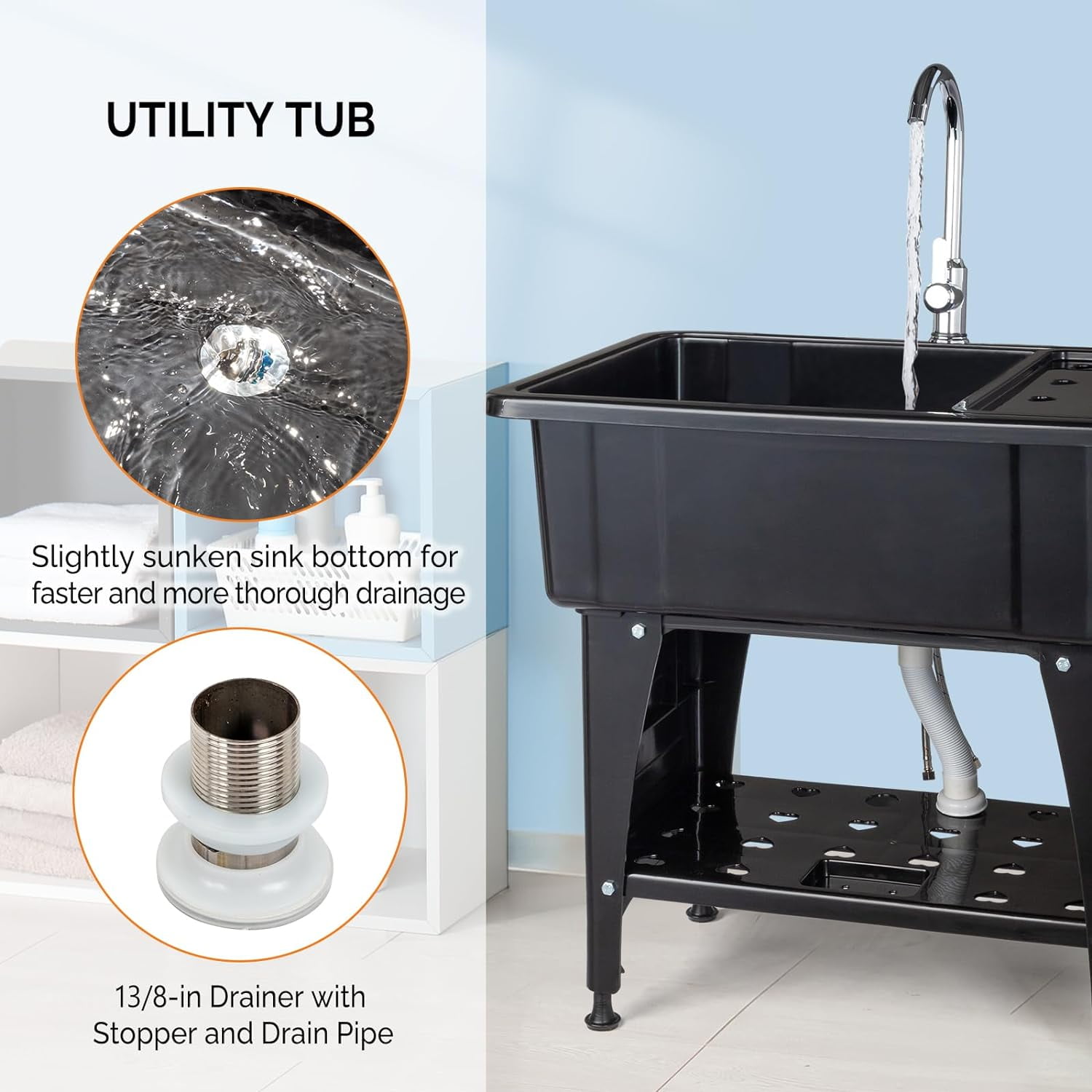 HJTER 20-Gallon Utility Sink Laundry Tub for Washing Room, Freestanding Utility Sink with Stainless Steel Faucet, (Black, 32.3"W x 22.4" D x 49.6"H (Faucet included))