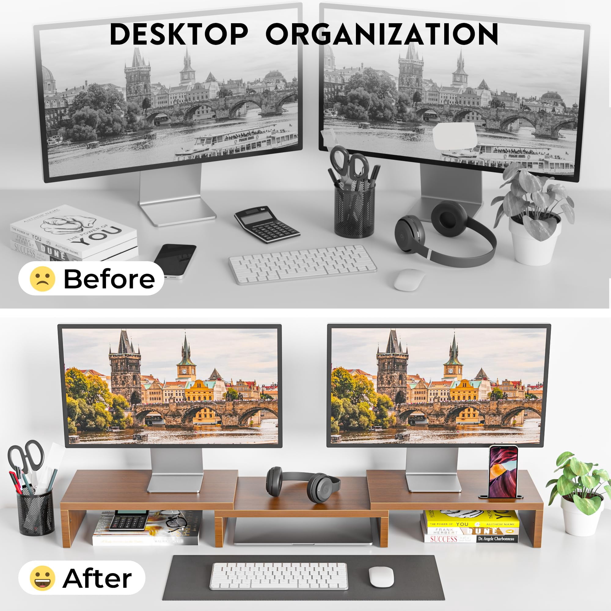 Dual Monitor Stand Riser With Smartphone Holder  Adjustable Length & Swivel Angle Wooden Desktop Organizer For Pc Laptop Printer Large Storage Walnut