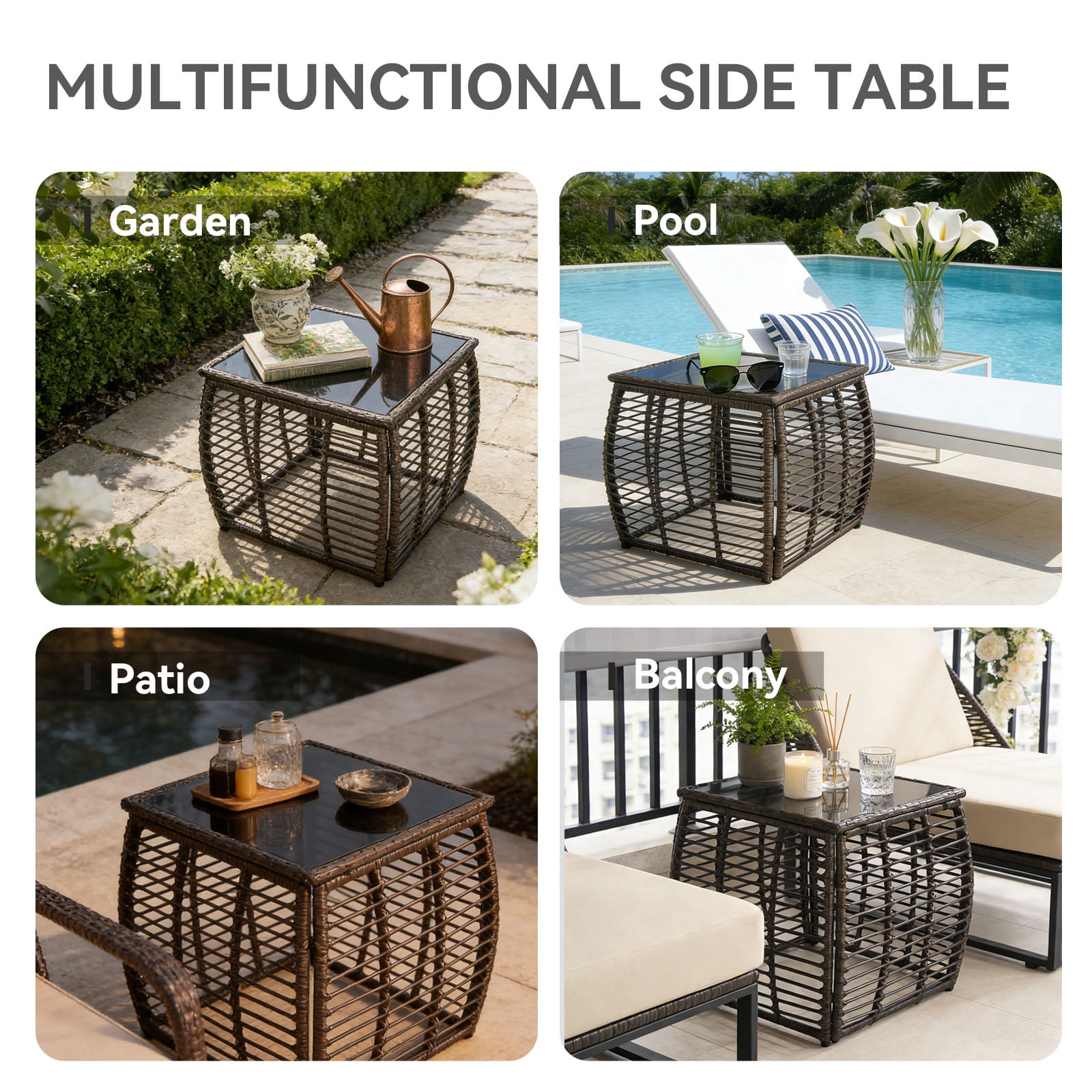 Kinbor Square Outdoor Wicker Side Table – Patio End Table with Tempered Glass Top, All-Weather Rattan Coffee Table for Balcony, Porch, Deck, Garden, Black Gold
