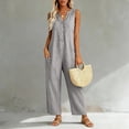 thumbnail image 5 of Women's Sleeveless V‑neck Linen Jumpsuit, Button Front Wide Leg Pants with Pockets, Casual Vacation Overalls Gray XL, 5 of 8