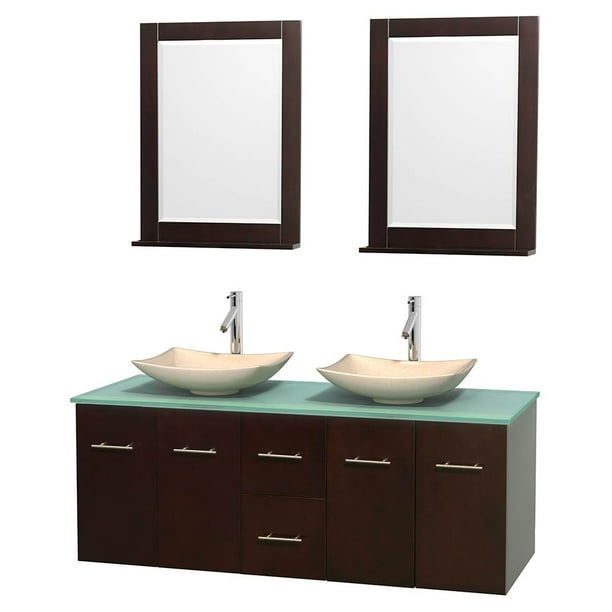 Wyndham Collection Centra 60" Double Bathroom Vanity, Espresso, Green Glass Countertop, Arista