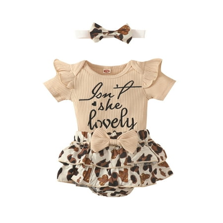 

Canis Newborn Baby Girl Summer Outfits Ribbed Letter Romper Jumpsuit Top Bow Ruffled Floral Leopard Shorts Clothes Set