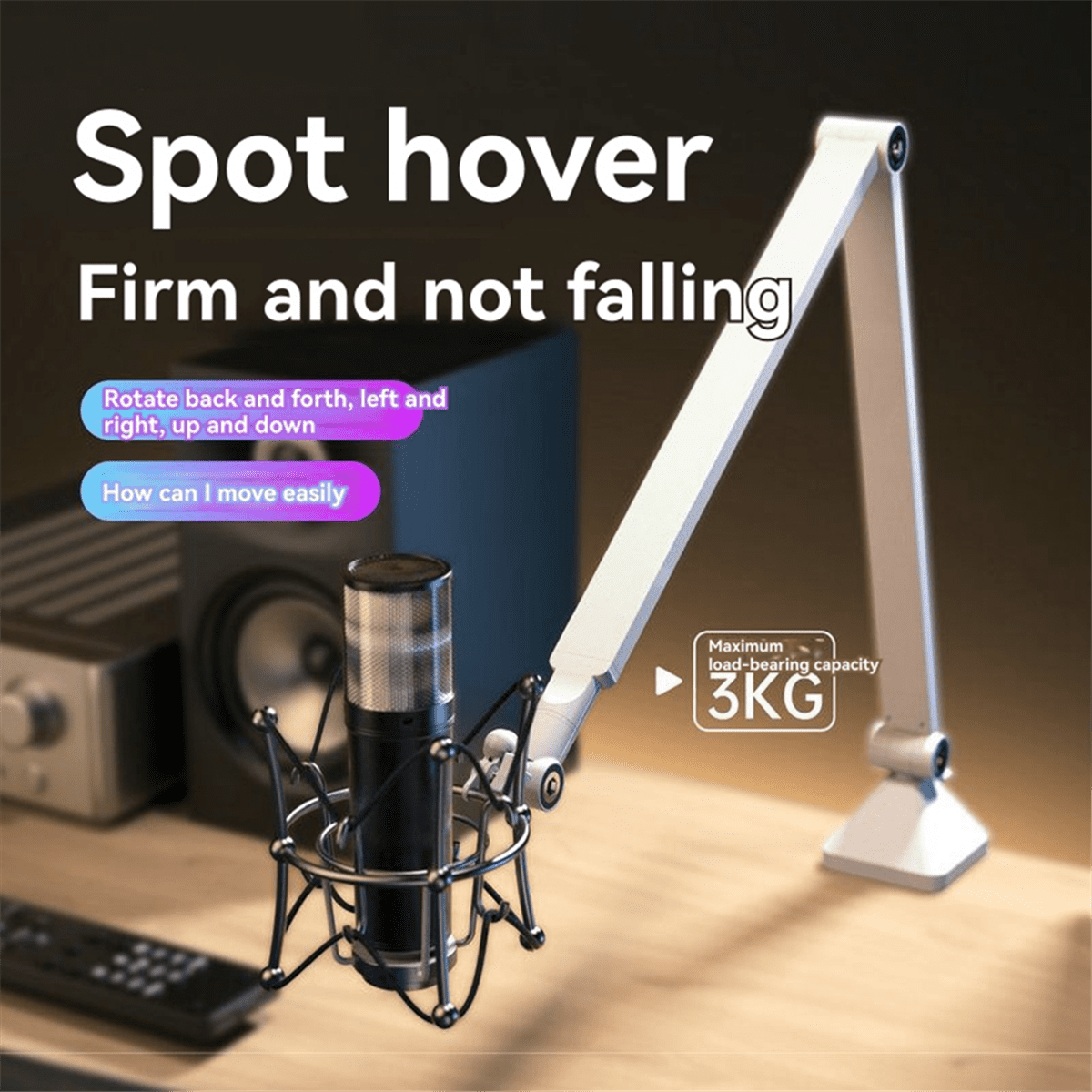 Mic Arm, 360° Rotatable Microphone Boom Arm Mic Stand, with Mic Clip , 3/8In to 5/8In Adapter Microphone Stand White