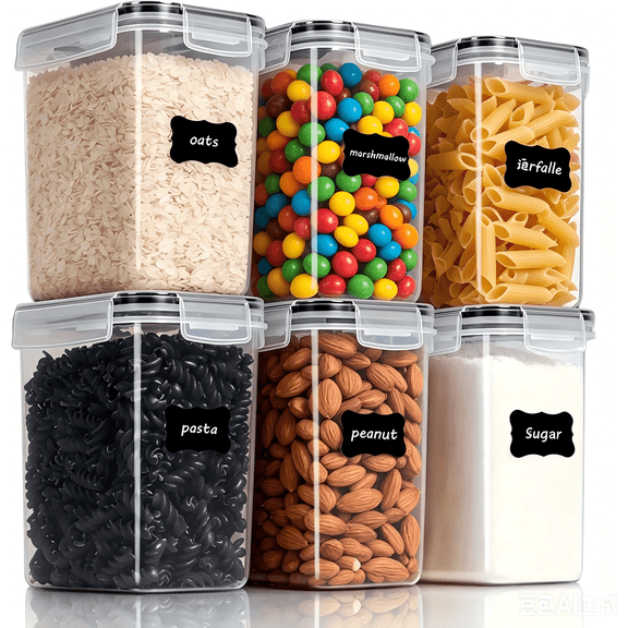 6 Pack Airtight Food Storage Containers Set, BPA-Free Plastic, 54oz/1.5qt/1.6L, Multipurpose Kitchen Pantry Organizers for Sugar, Flour, Pasta, Peanut, Dishwasher Safe, Includes Labels & Marker