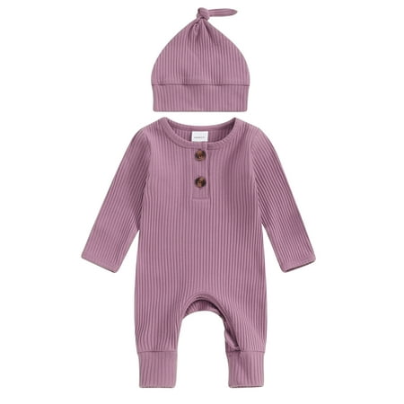 

RSRZRCJ Newborn Baby Girls Boys Romper Long Sleeve Solid Color Ribbed Knit Button Jumpsuit Bodysuit with Hat