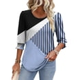 thumbnail image 5 of DeHolifer Womens Casual T-Shirts Strip Printed 3/4 Length Sleeve Smocked Cuffs Crewneck Summer Trendy T-Shirts Light Blue M, 5 of 8