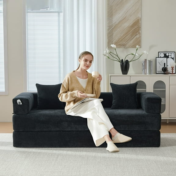 MOONMISS Chenille Upholstered Convertible Foldable Memory Foam Sleeper Sofa with Pillows for Living Room-Black