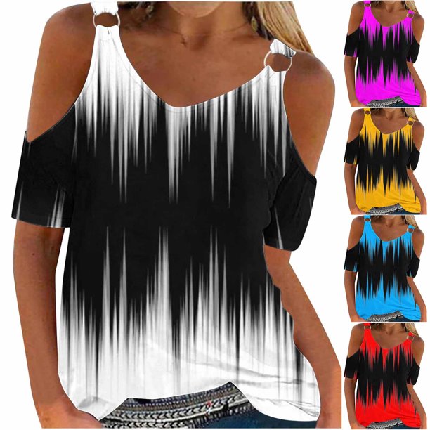 Fiudx Ofertas Flash Artículos En Oferta Blusas de Cuello Redondo de Manga Corta con Estampado Informal a La Moda para Mujer