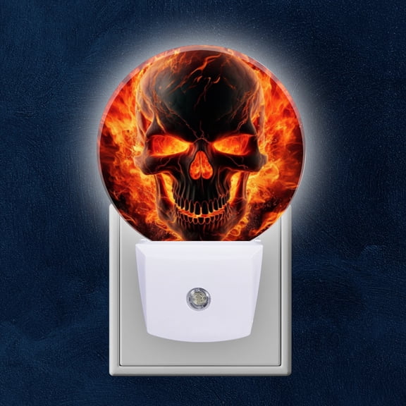 Round LED Night Lights Lamp with Dusk to Dawn Sensor, Flaming Skull Wallpaper Night Light Plug Into Wall for Kids Room, Bedroom, Bathroom, Kitchen, Hallway