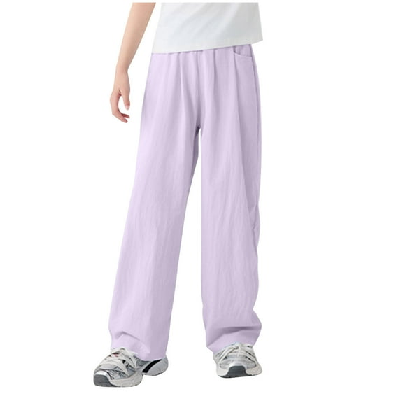 Lenpel Girls' Summer Pants Lightweight Casual Elastic Waist Wide Leg Pants Loose Lounge Trousers with Pockets 4-15 Y