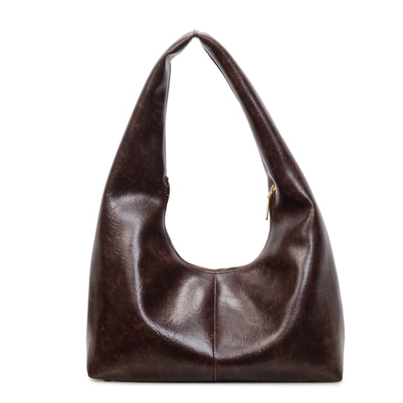 Women PU Retro Shoulder Bag with Zipper Hobo Commute Purses Large Capacity Top Handle Bags Solid Color for Travel Shopping Work Daily Use (Coffee)