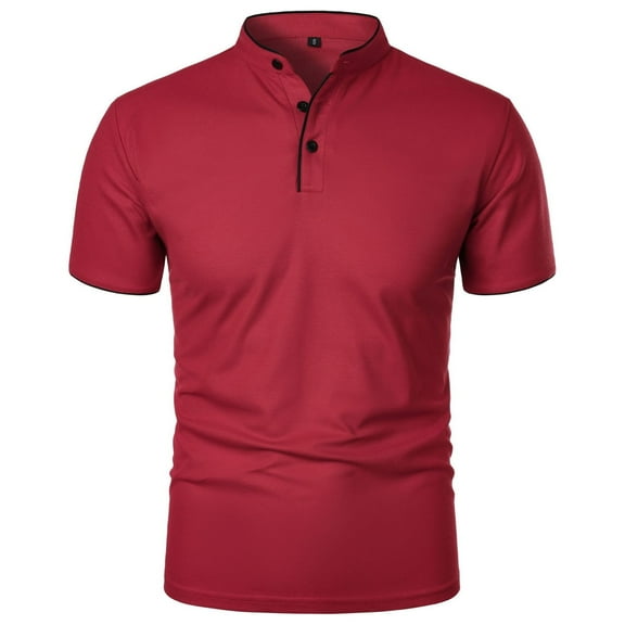 WREESH Men's Button-Up Henley Shirts Short Sleeve Solid Color Shirt with Stand Up Collar a Comfortable 3-Button Casual Top Wine