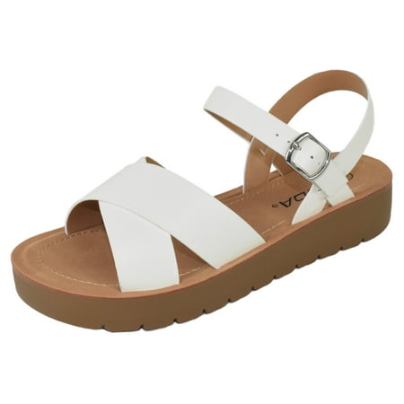 

Soda Shoes Women Flat Sandals Flatform Ankle Buckle Criss Cross Band Straps Chester-S White 6.5