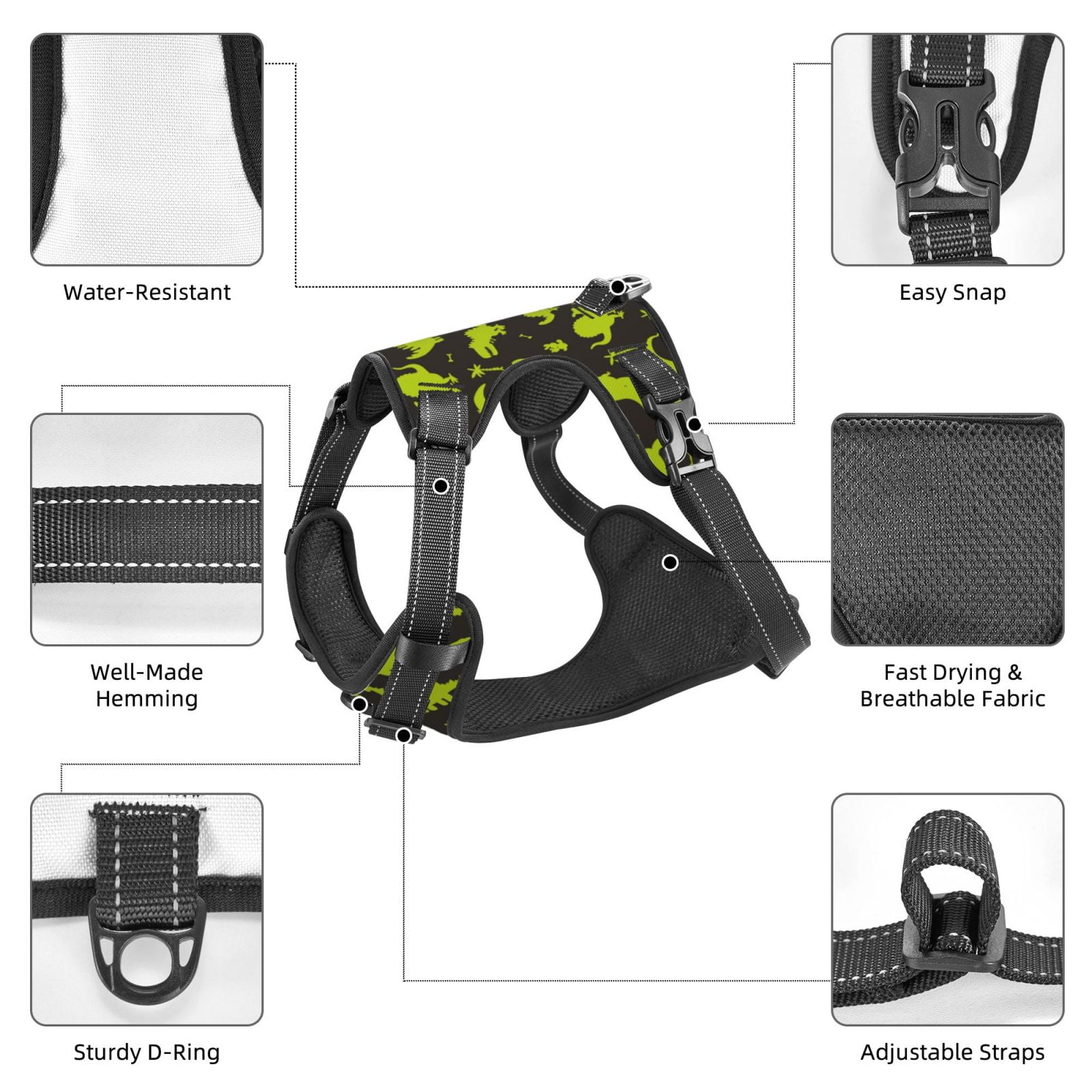 Fuzoiu Cute Cartoon Dinosaurs Print Reflective Dog Harness,Adjustable, Breathable Pet Vest,Dog Harness No Pull,No Choke Pet Vest for Small, Medium, and Large Dogs-Medium