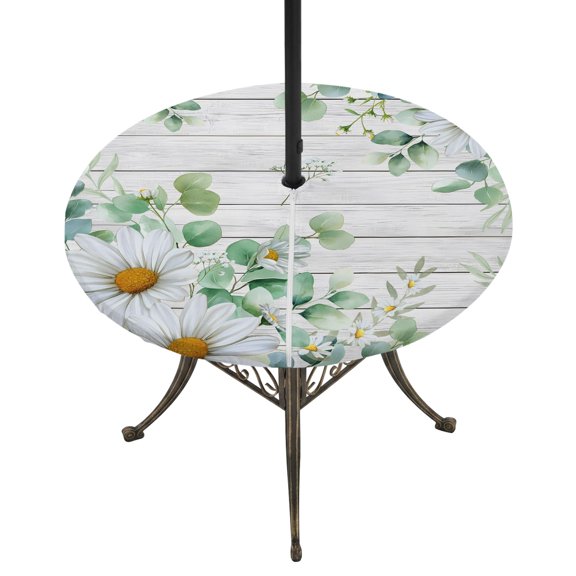 Round Outdoor Tablecloth with Umbrella Hole and Zipper, Eucalyptus Leaves Tablecloth with Elastic Waterproof, Daisy Spring Floral Botanical Wooden Patio Table Covers for 36" - 44" Picnic Pool Tables