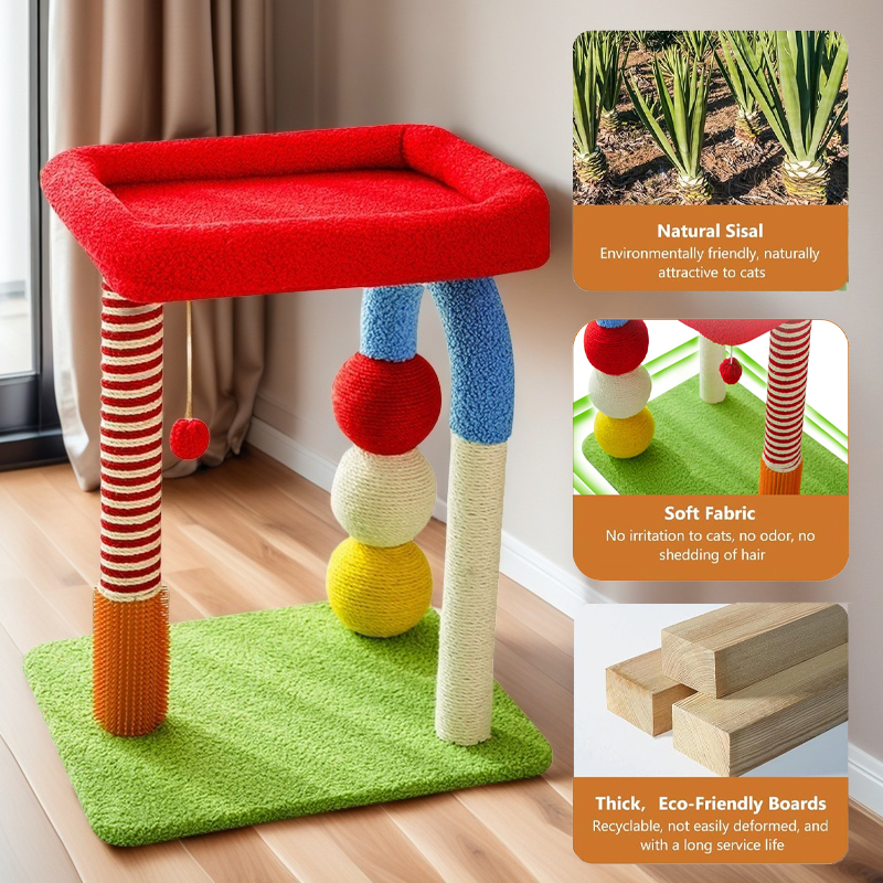 Small U-Shaped Cat Tree- Sisal Rope Scratching Post, Toy Ball, Cat Self-Groomer, Top Perch for Small/Medium Cats, Multi-Cat Homes-Colorful（24in）