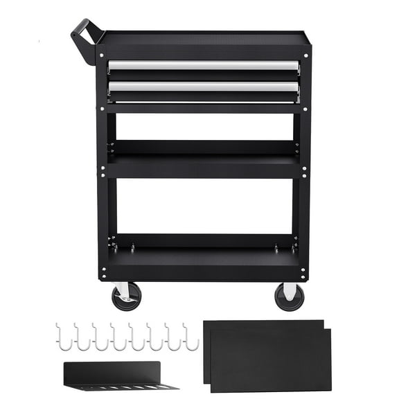 KFFKFF Mobile Tool Trolley, 5-Level, 400 lbs Weight Limit, Equipped with 2 Drawers & Pegboard, Lockable Mechanic's Tool Storage Unit for Garage, Storage Facility, and Repair Center, Black
