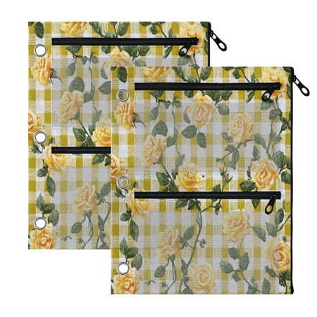 2 Pack 3-Ring Binder Pencil Pouch with Clear PVC Windows Gingham Pattern Yellow Roses Large Capacity Stationery Bag for Classroom Office Supplies