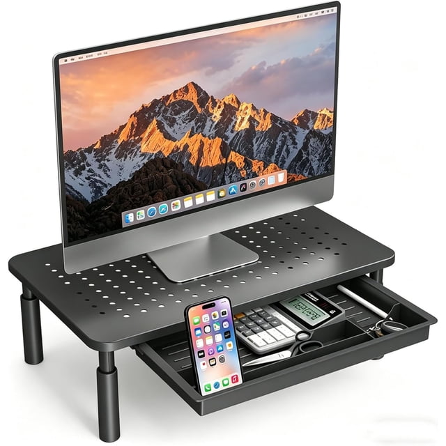 Base para Monitor de Escritorio, Soporte para Monitor Escritorio de 3 Niveles de Alturas Ajustable, Elevador de Monitor con Cajón, Monitor Stand para Computadora y Computadoras Portátiles