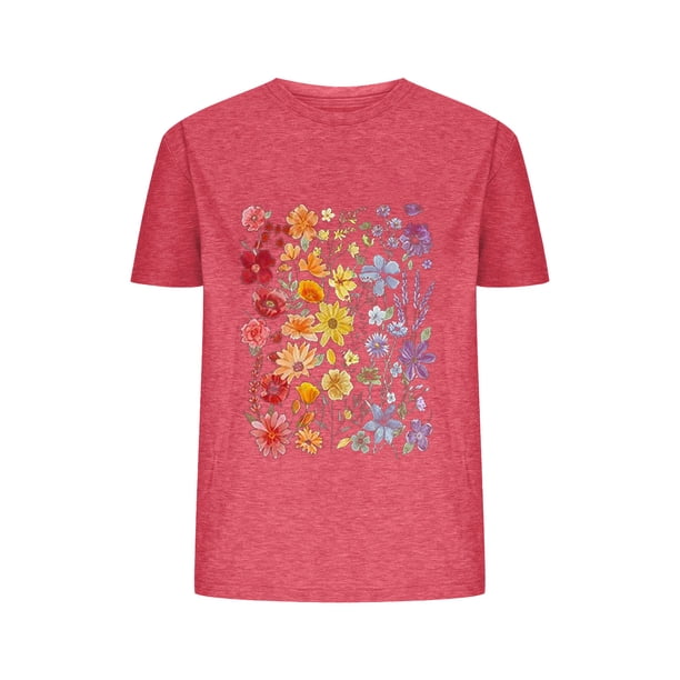 Camisetas de Verano de Mujer Pequeña Flor Impresa Cuello Redondo Manga Corta Superior, Verano Superior de las Mujeres
