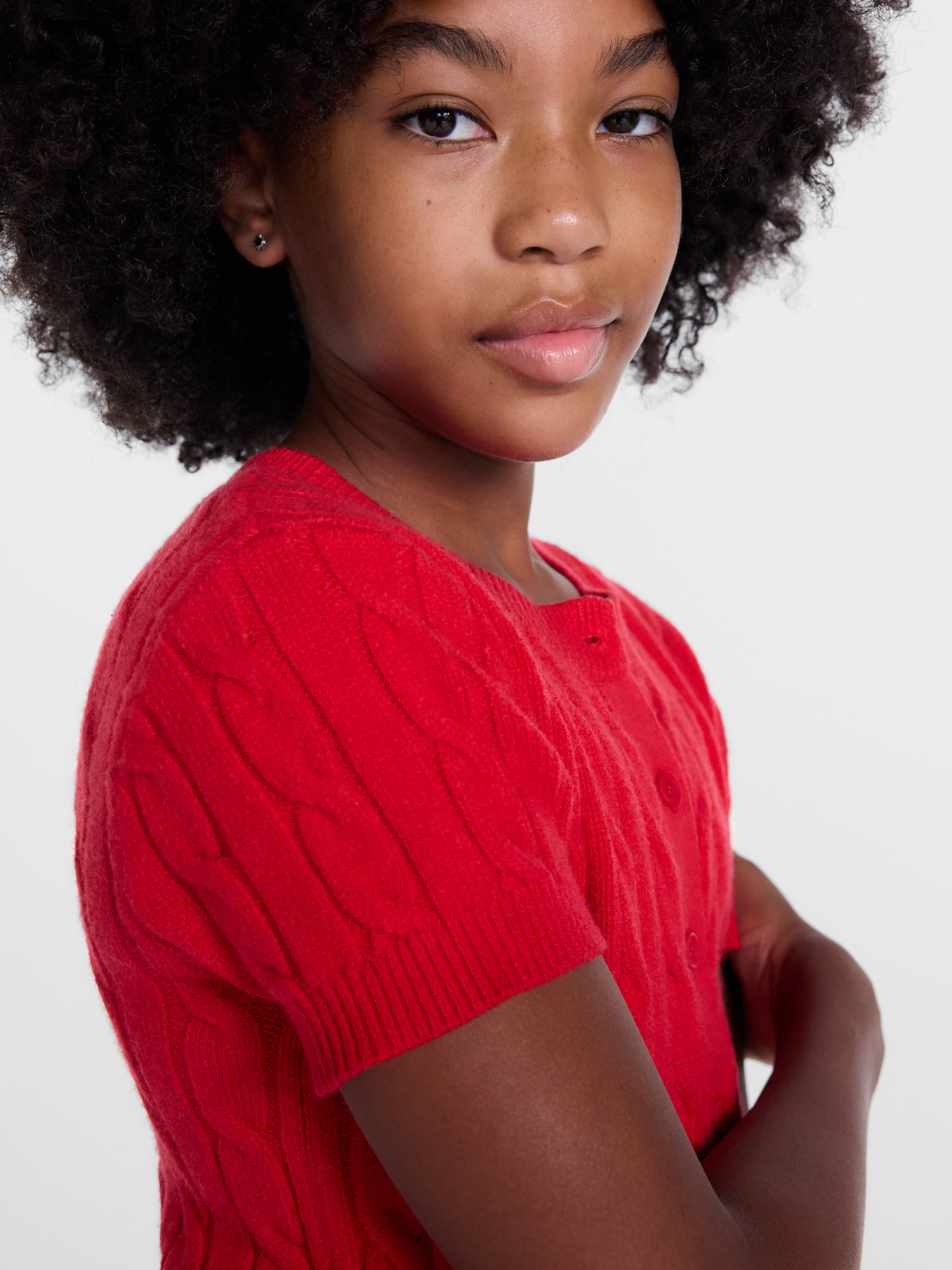 Weekend Academy Girls Button Front Cable Knit Cardigan with Short Sleeves, Sizes 4-18