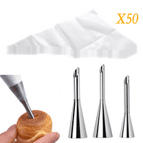3 Pcs Cream Icing Piping Nozzle Tips with 50 Pcs Piping Bags, Stainless Steel Long Cream Puff Tools for Decorating Cake and Small Pastries Puffs Cupcakes Filling Donuts