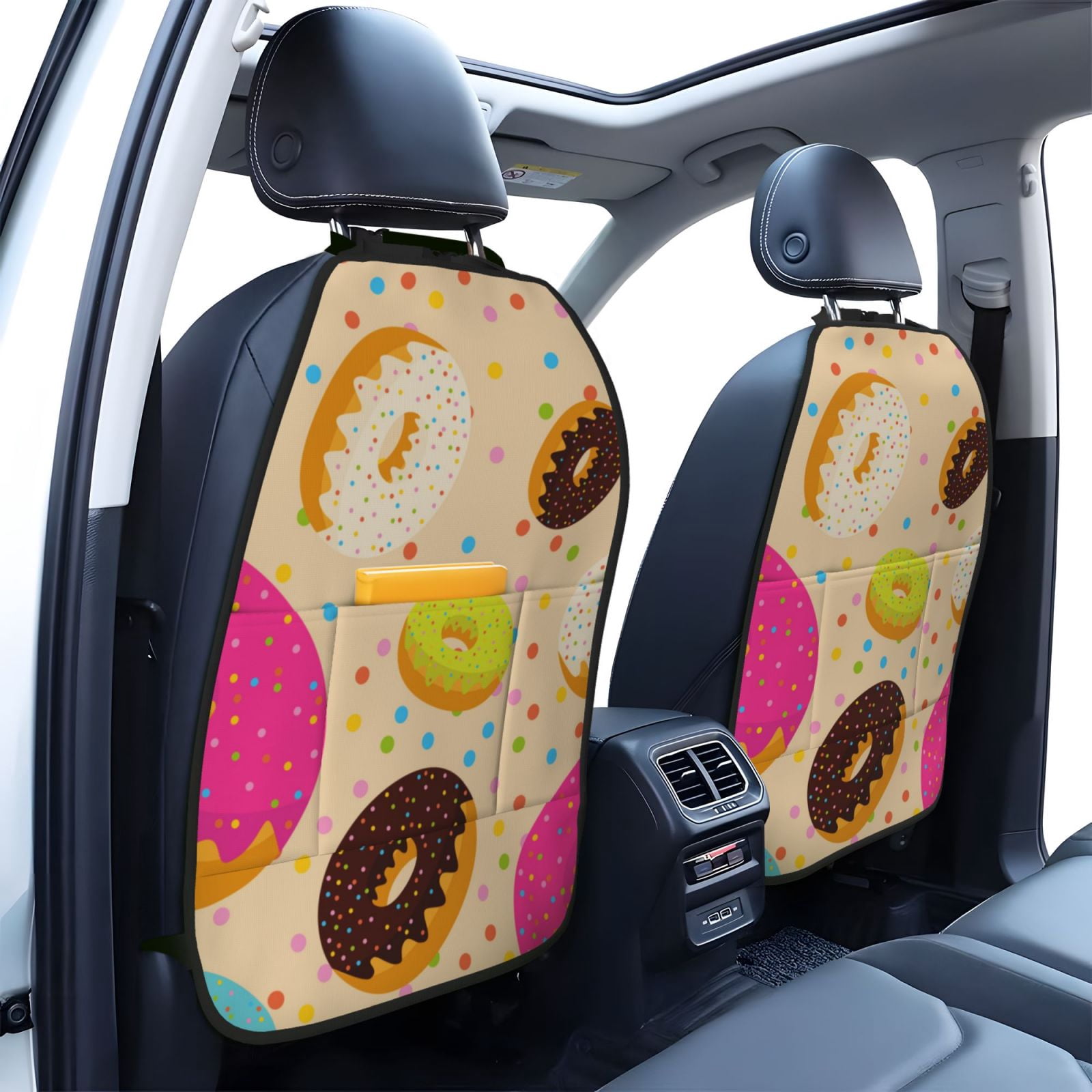 Xecao Donuts Pattern Car Seat Back Protector 2 Pack Large Capacity Pocket, Kick Mats Back Seat Protector
