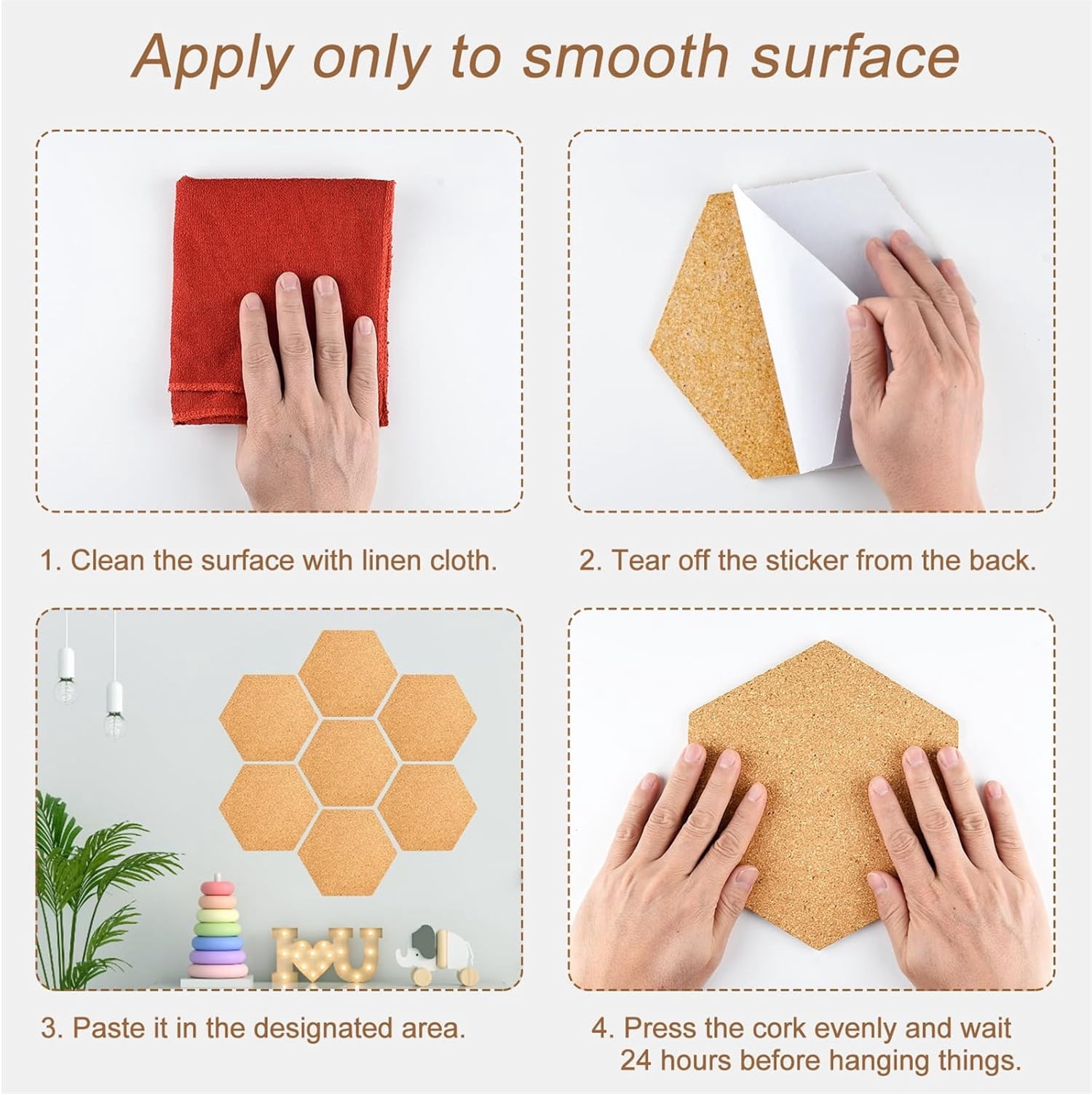 6 Pieces Hexagon Cork Board for Walls,Bexikou 20 x 17.5cm Cork Board Tiles,Self Adhesive Bulletin Board with 100 Pcs Push Pins for Pictures, Photos, Notes, Drawing, Memo