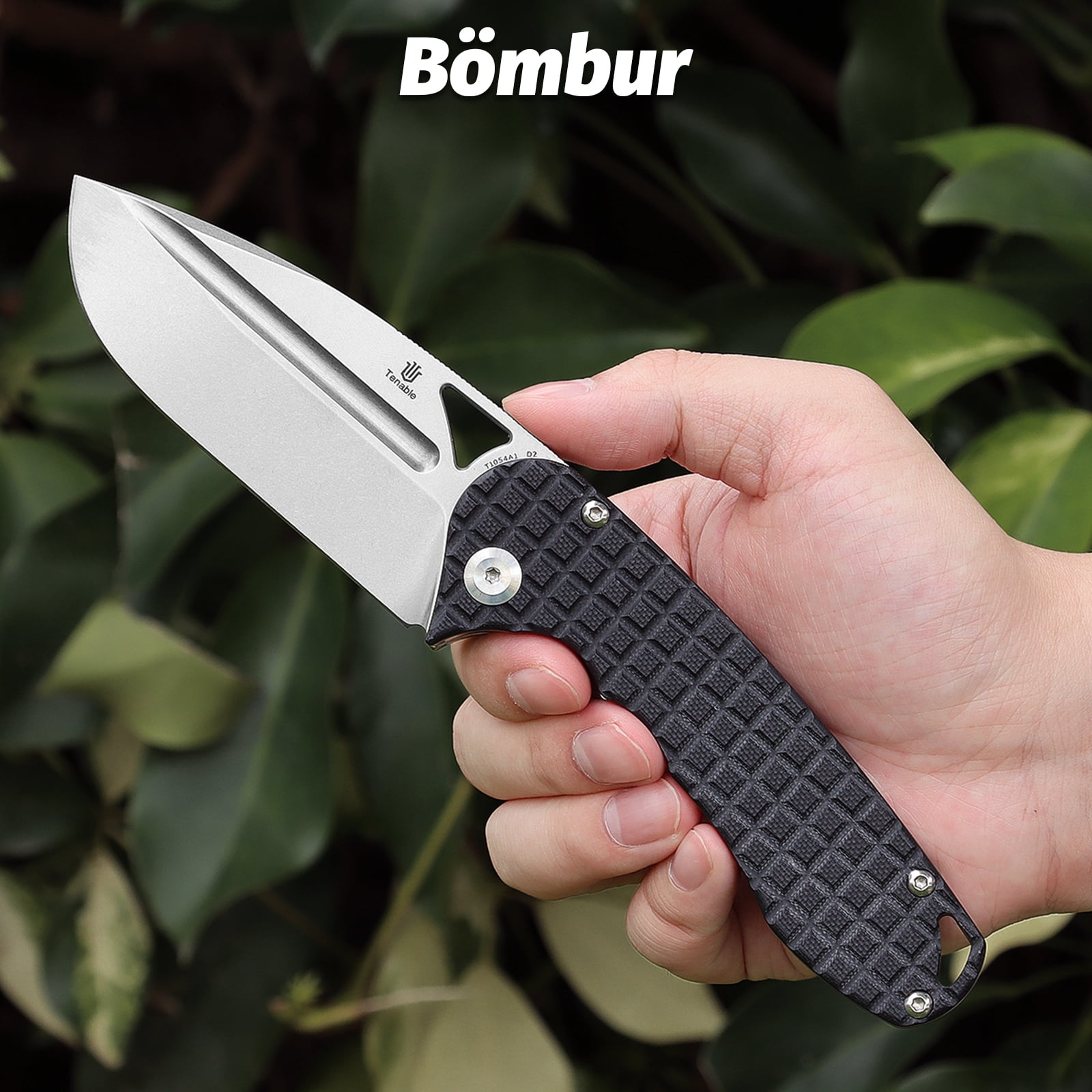 Tenable Bömbur Folding Pocket Knife 3.53'' Stonewashed D2 Blade,Black G10 with Frag Pattern Handle,T1054A1
