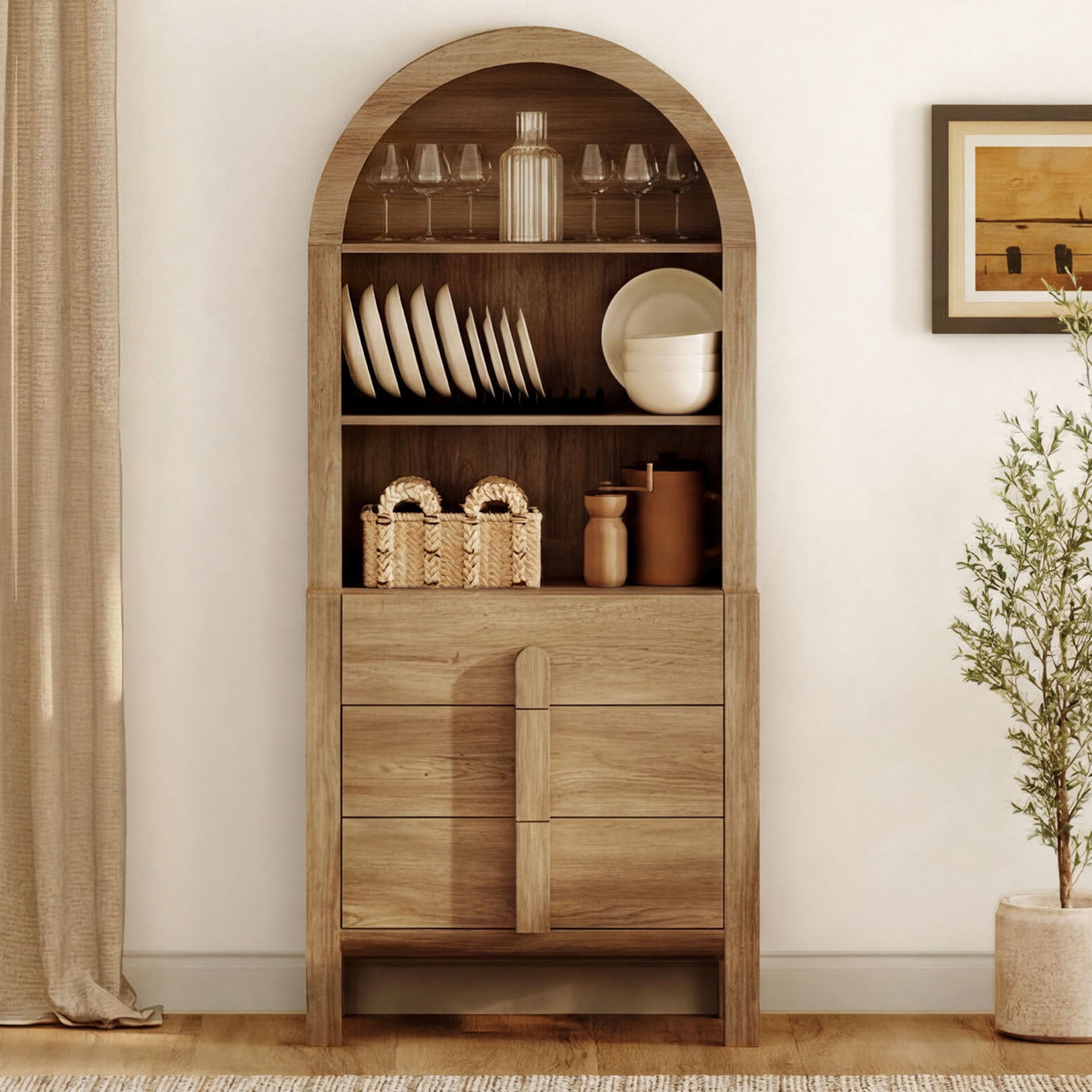 31.5"W Arched Kitchen Hutch Sideboard, Mid-Century Modern Wooden Buffet Hutch Cabinet with 3 Drawerrs And 3 Tier Shelves