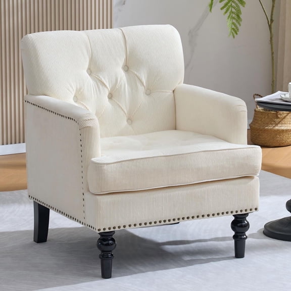 CQSXDA Mid Century Modern Accent Chair with Studded Details and Corduroy for Living Room Decor, Beige