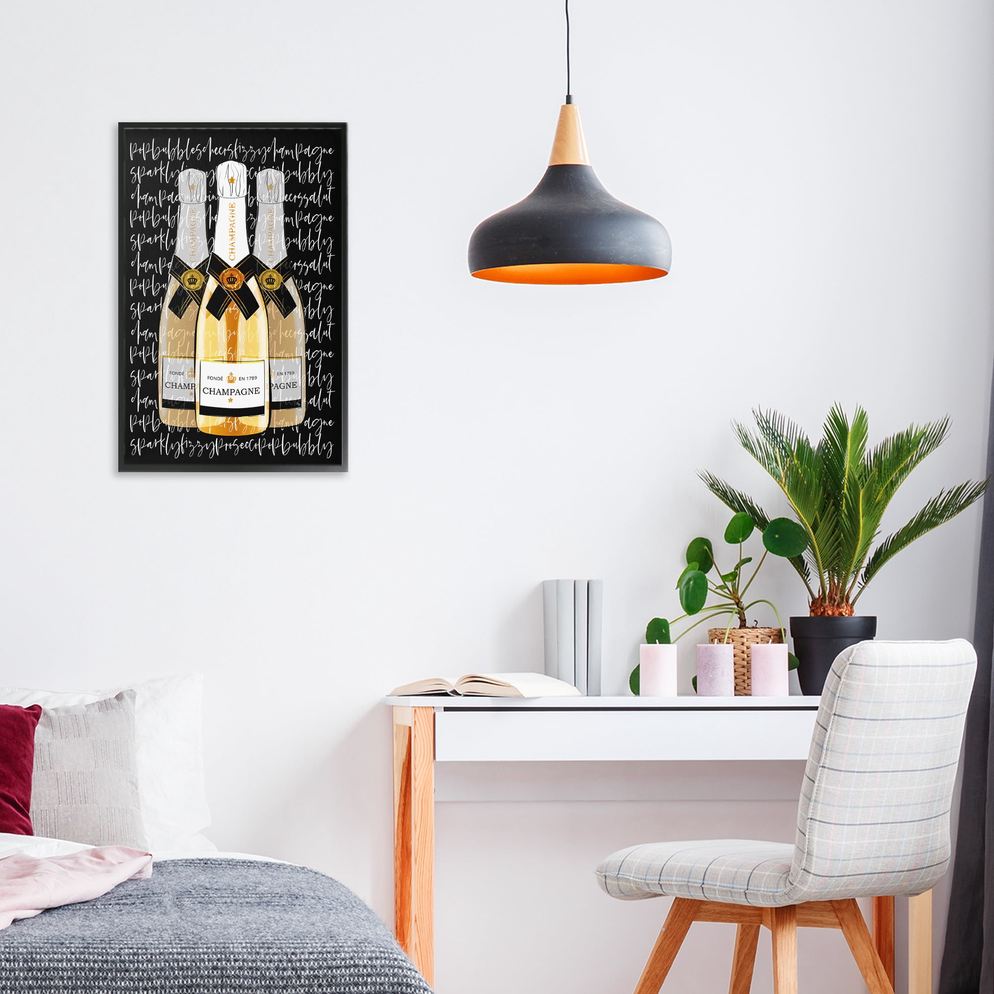Stupell Industries Triple Champagne Bottle Love Black Framed Giclee Art, design by Martina Pavlova
