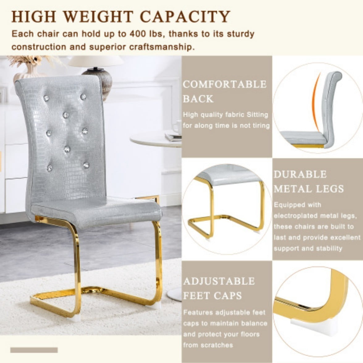 Set of 4 Retro Dining Chairs, Faux Alligator Leather Upholstered Chairs with Crystal Button Details & Gold-Plated Bent Metal Legs, 400 LBS, Gray & Gold
