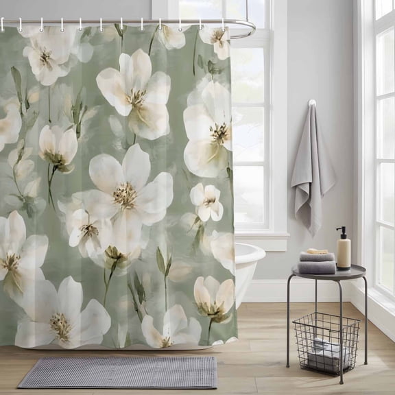 Bathroom Shower Curtain Watercolor Blossom Flower Waterproof Shower Curtains with Hooks, Spring Sage Green White Floral Bath Curtains Bathtub Curtain Home Decor 36x72in
