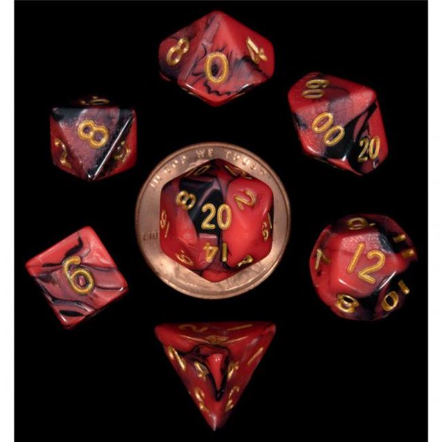 Metallic Dice Games LIC4113 Mini Red & Black with Gold Numbers Dice Games - Set of 7