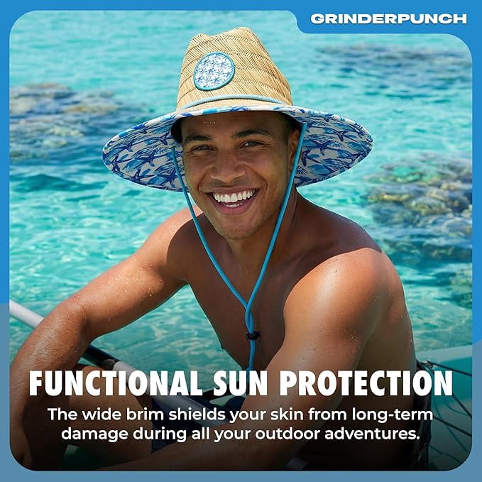 Grinderpunch Lifeguard Hat Mens Straw Sun Hat for Beach, Outdoor, and Travel | UPF 50+ Sun Protection | Wide Brim Straw Beach Hat | Classic Sun Hat for Men and Women (Blue Nautical)