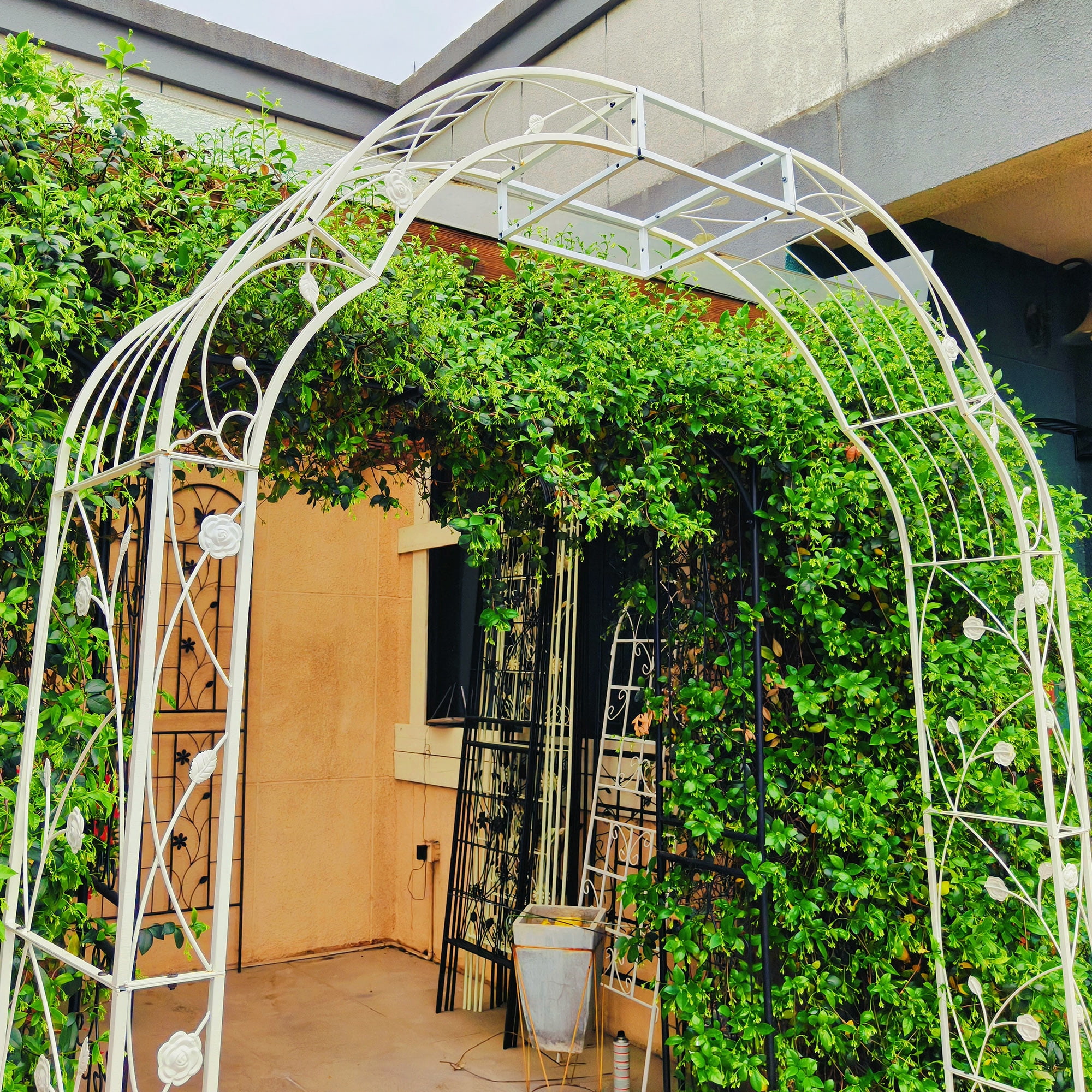 Metal Garden Arch W74.4" x H98.4" Garden Arbor Trellis Climbing Plants Support Rose Arch Outdoor Arch Cream White