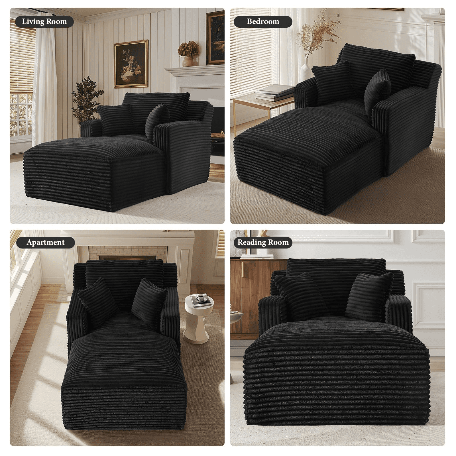 GNIXUU 65.4" Oversized Chaise Lounge Chair Indoor, Modern Corduroy Couch, Comfy Upholstered Boneless Sleeper Sofa with 3 Throw Pillows, Fluffy Reading Chairs Bed for Living Room,Black