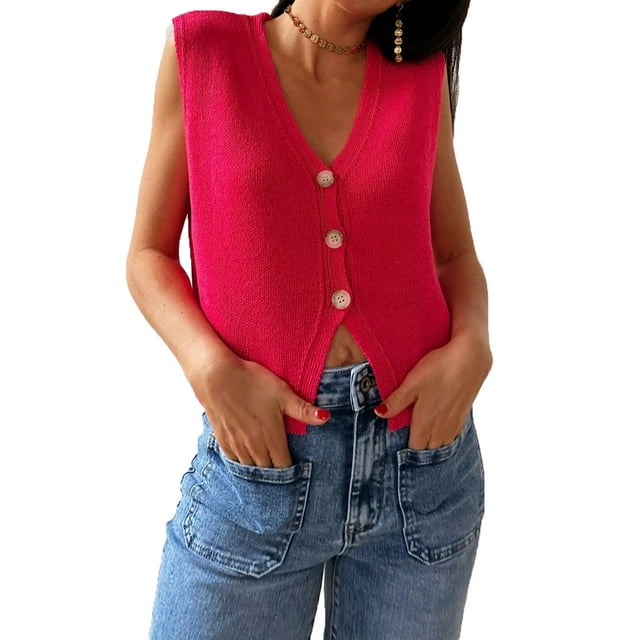 Gupgi Knit Tank Tops for Women Button Front V-Neck Basic Tops Casual Solid Color Sleeveless Sweater Vest